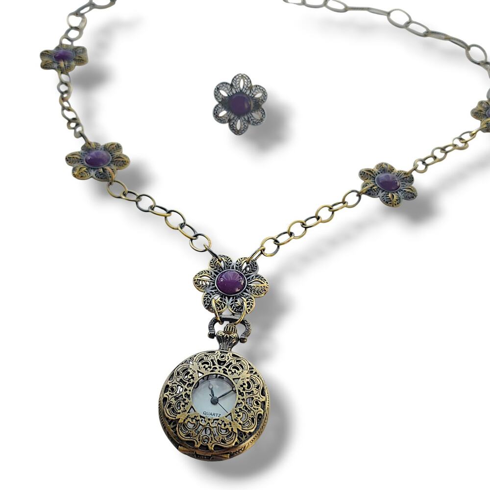 Amy Kahn Russell Pocket Watch Necklace And Ring ( Size 9) Set 38” Bronze Floral